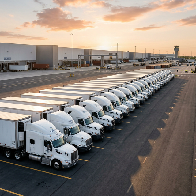 Frota de caminhões brancos alinhados